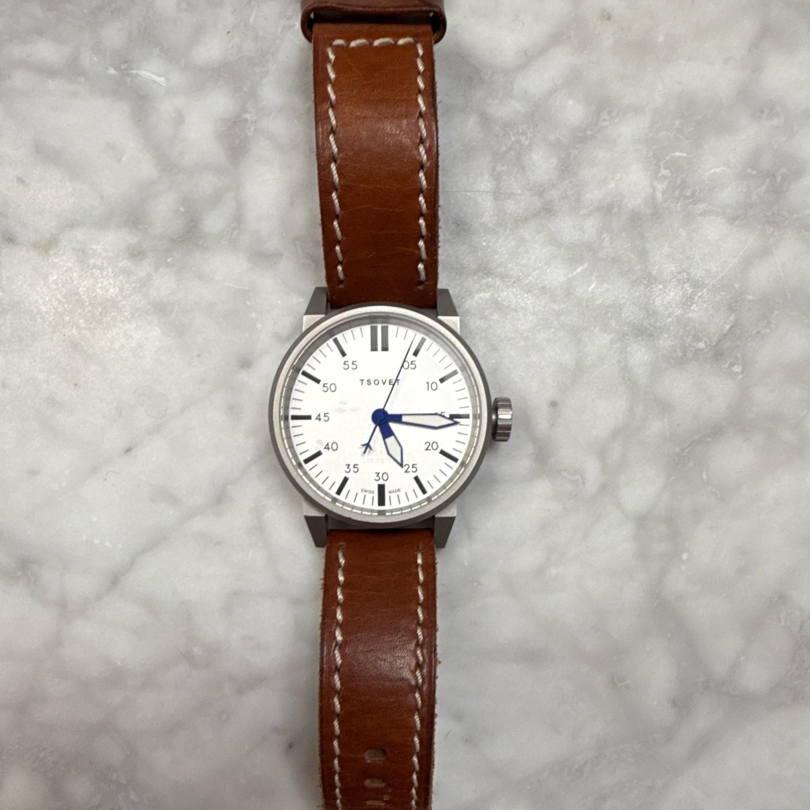 TSOVET Quartz Analog 50m 42mm Stainless Case White Dial Brown Leather Strap