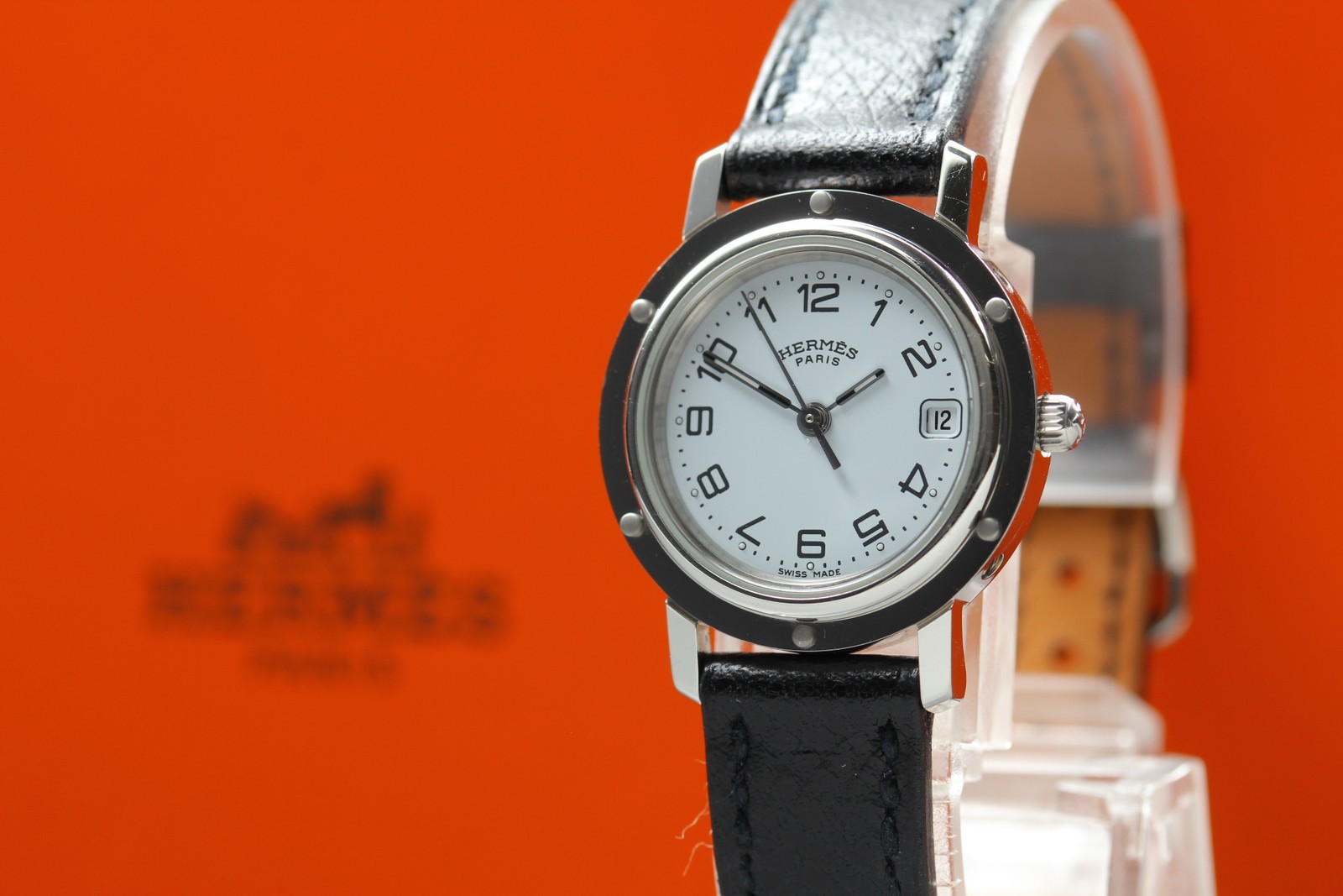 [Exc+5 Box] Hermes Clipper CL4.210 24mm “F” Silver Black Woman’s Quartz Watch