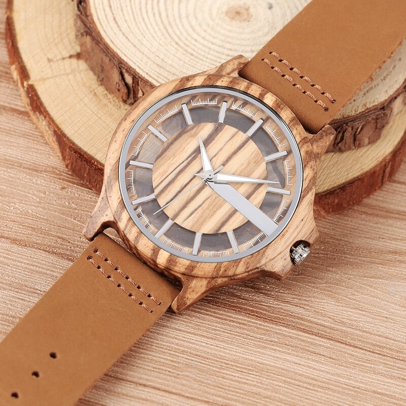 Modern Natural Wood Men’s Sport Quartz Wrist Watch Black Brown Leather Band Gift