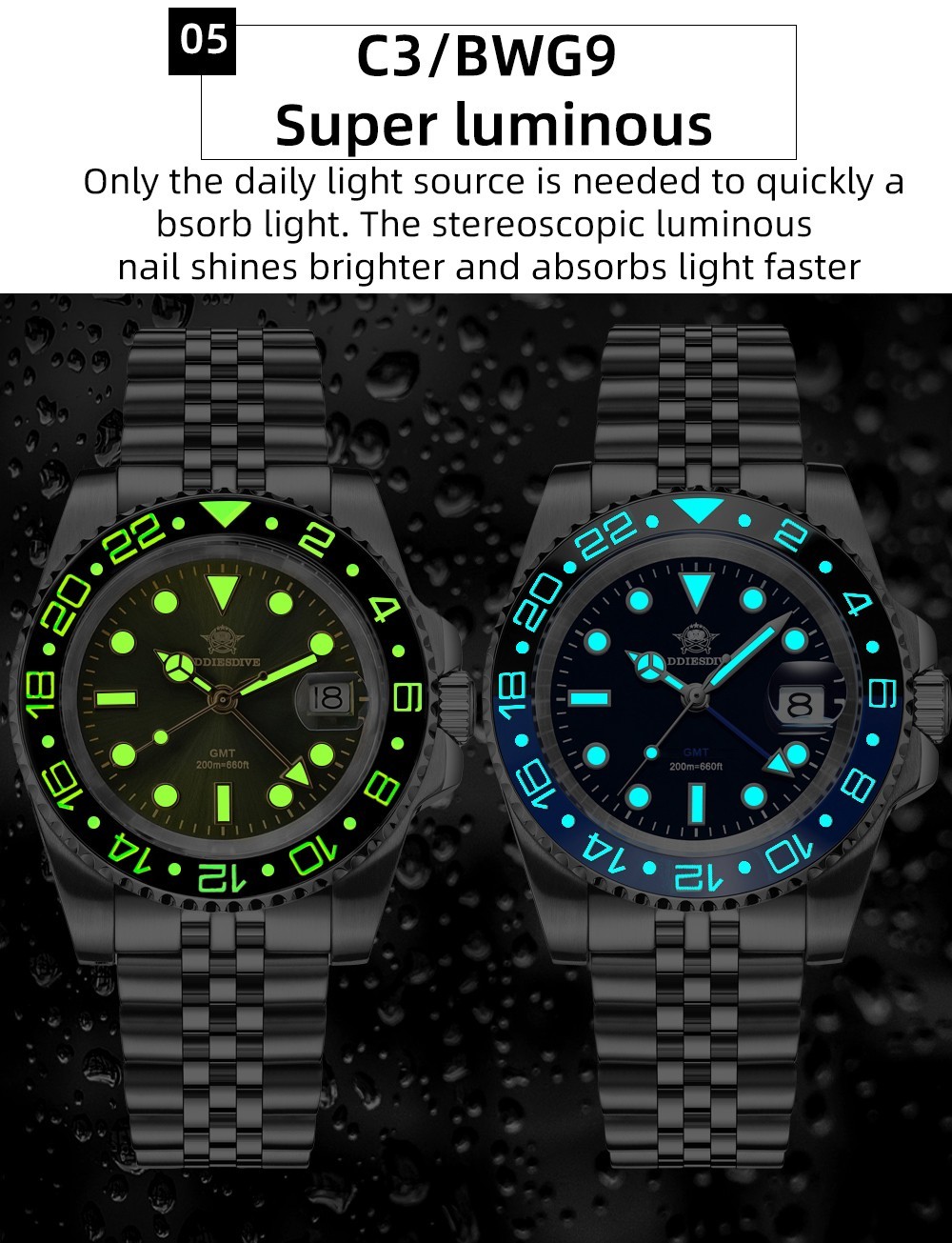 Addiesdive 40mm Mens GMT Swiss Ronda Quartz Dive Watch 200M Waterproof Stainless