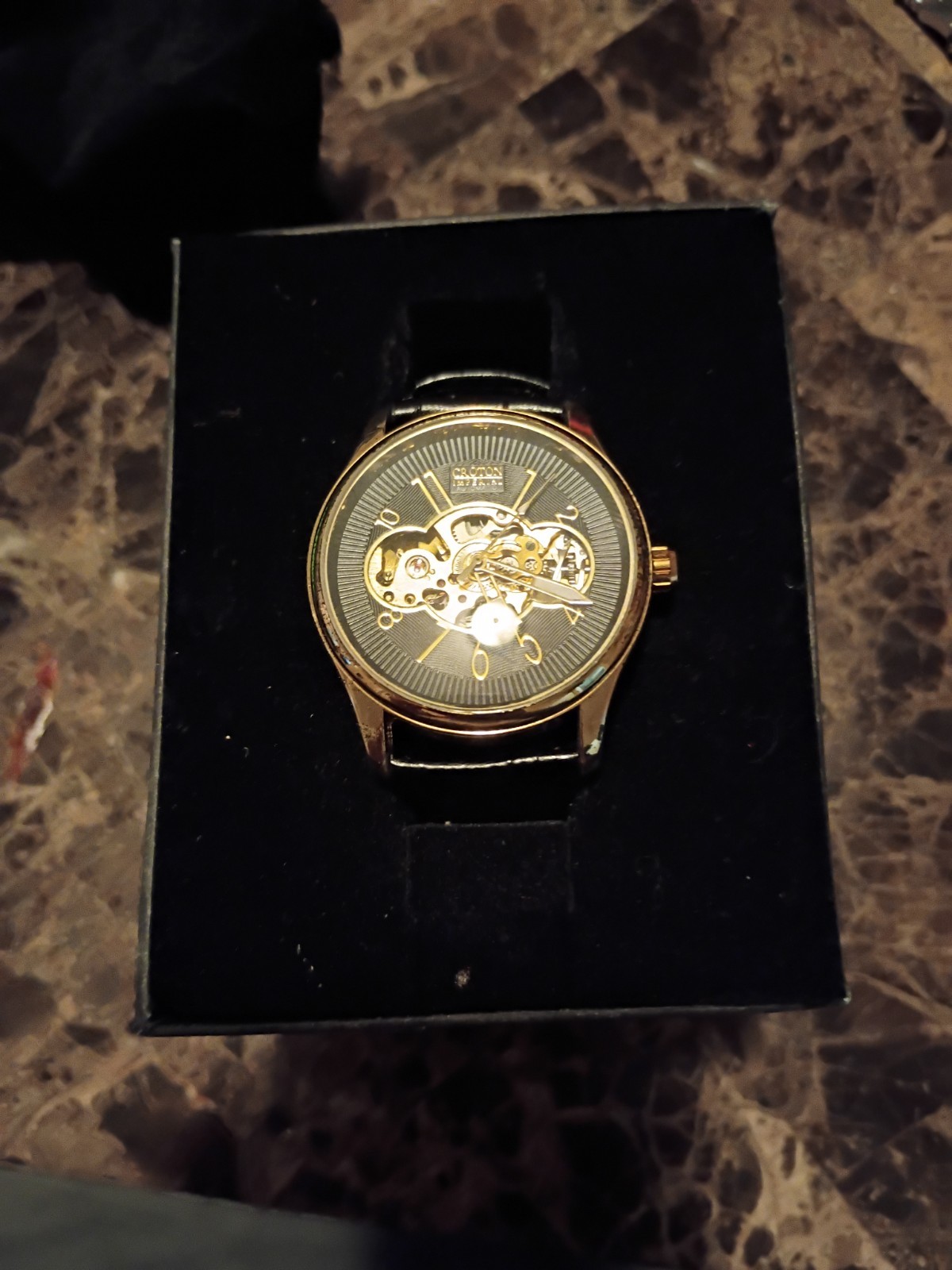 CROTON Men’s Automatic Skeleton Watch Gold Tone Case Black Leather Strap w/Box