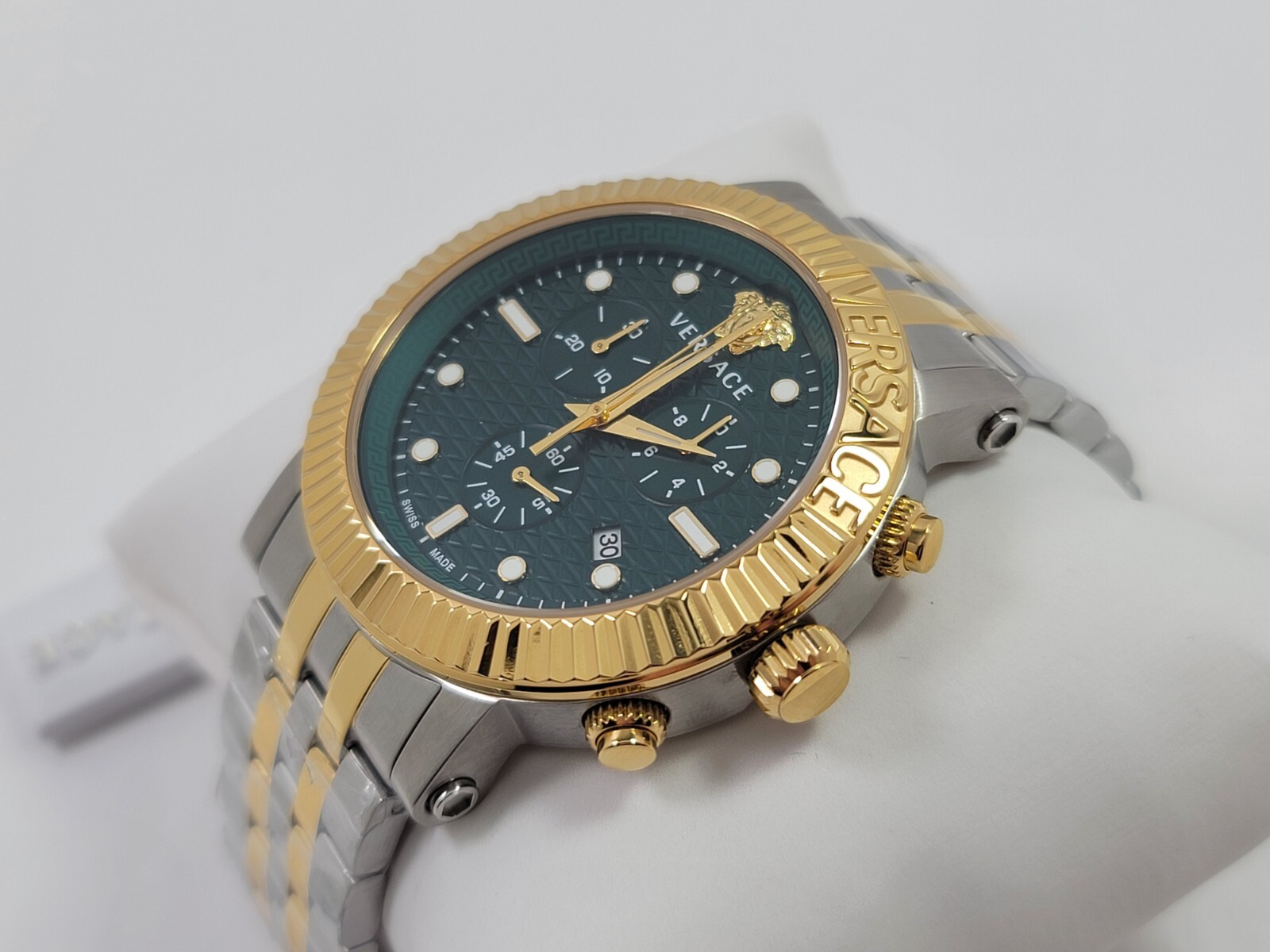 Versace V-Chrono Quartz Green Dial Two Tone Stainless Steel Mens Watch VESQ00722