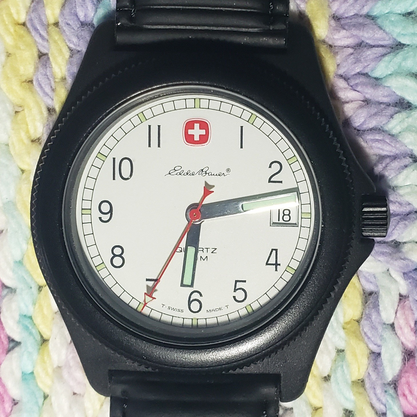 Men’s SWISS MILITARY watch 39mm black case/ivory dial date 50M Eddie Bauer logo
