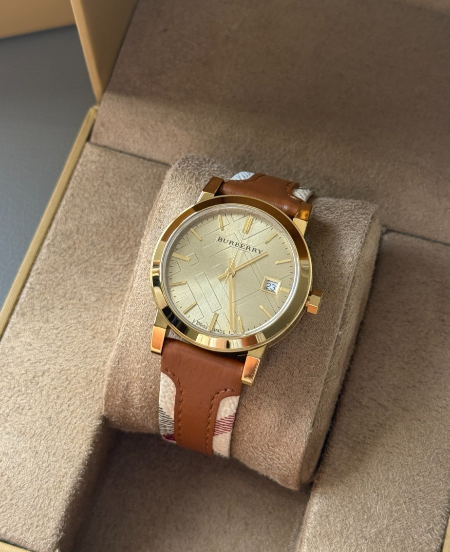 Burberry The City Champagne Dial Tan Leather and Fabric Trim Ladies Watch bu9133