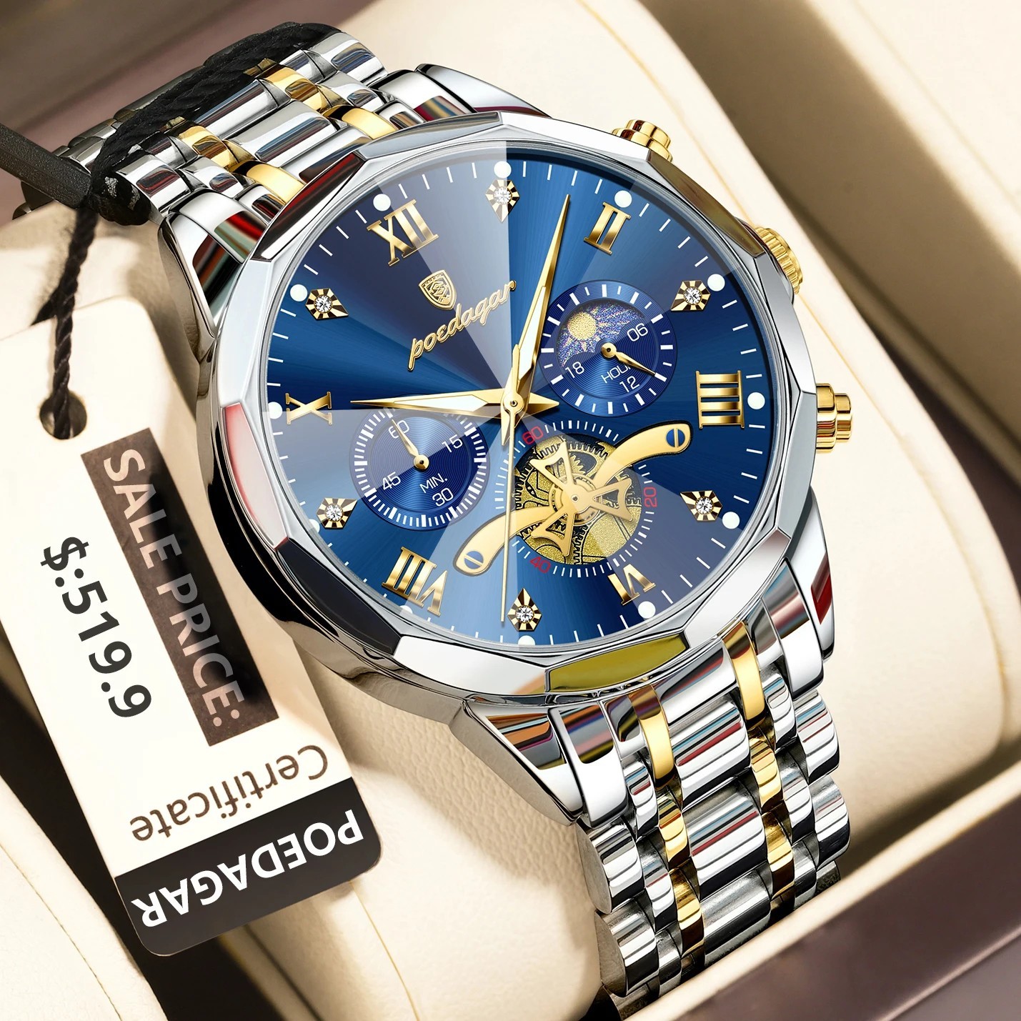 POEDAGAR Mens Quartz Watch Stainless Steel Waterproof Luminous Chronograph