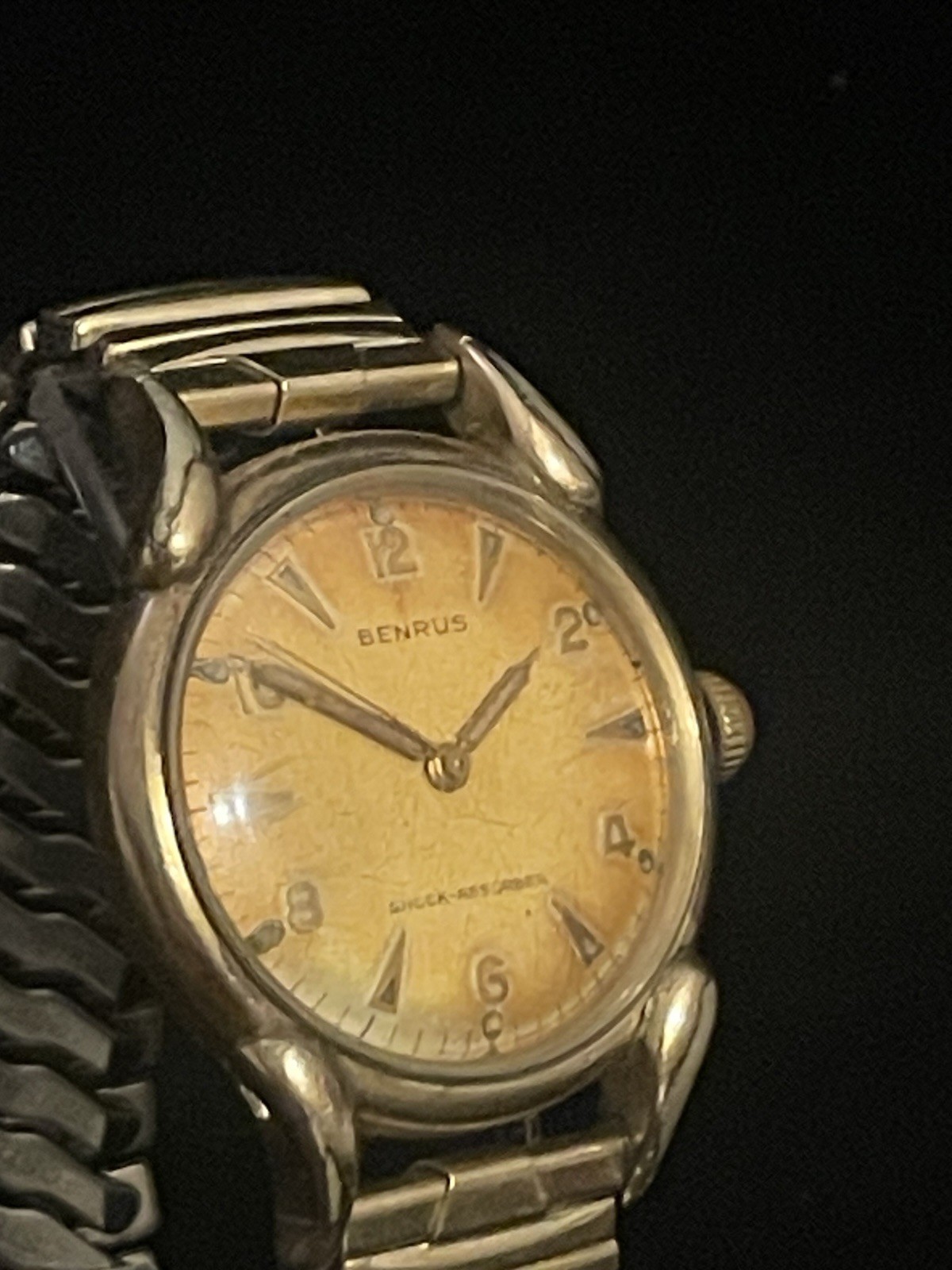 Vintage Benrus Manual Wind Shock-Absorber Swiss Watch Gold Tone Patina Dial Runs