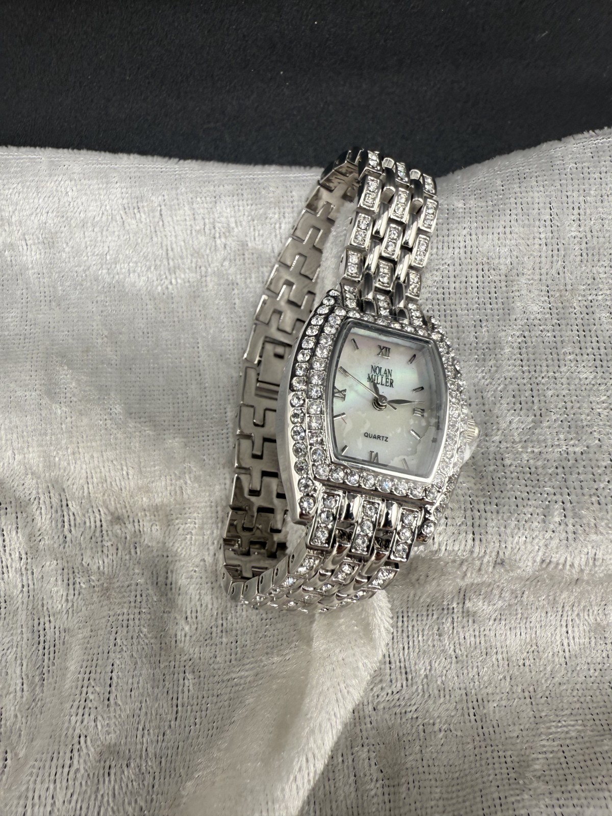 Nolan Miller Watch Woman Pave Analog Silver Tone Snap Signed NEEDS BATTERY