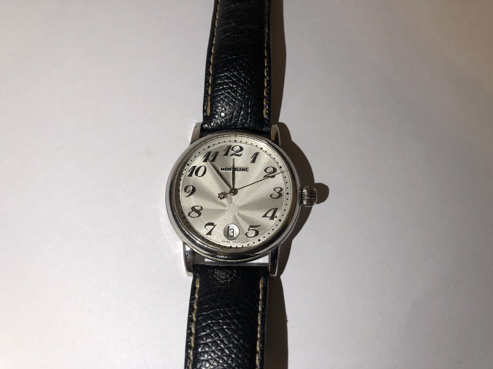 Montblanc Meisterstück Men’s Quartz Date 38mm SS Silver Dial Black Leather