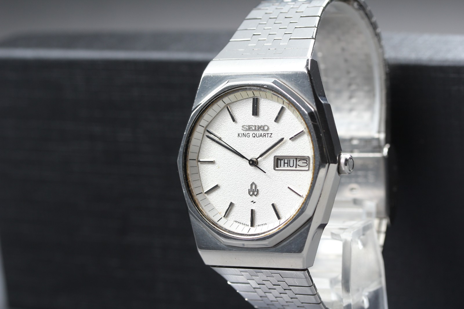 1988 Exc+5 Seiko KingQuartz 5856-8080 Silver Day Date Kanji 37mm Qz Men’s Watch