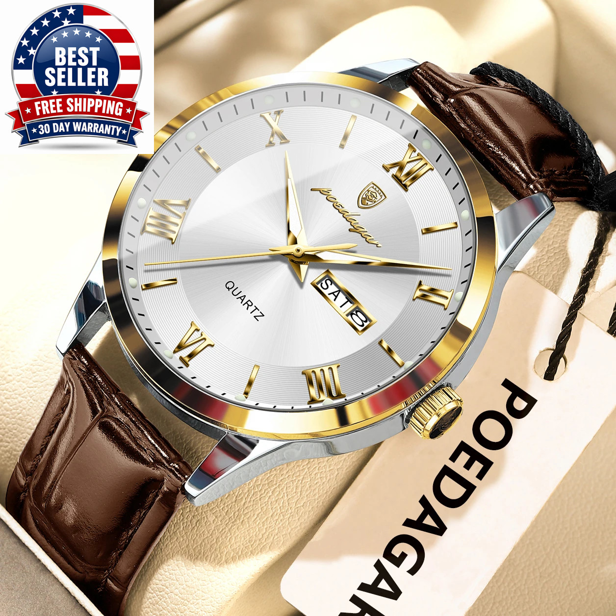Men’s Waterproof Quartz Watch with Leather Band and Luminous Features