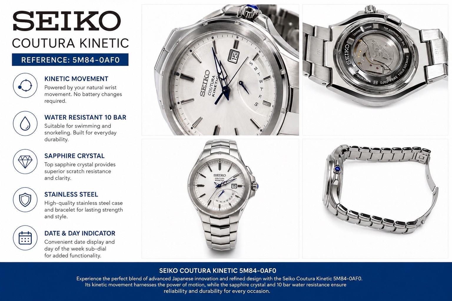 Seiko Coutura Kinetic 5M84-0AF0 SRN063 Men’s Watch Complete Set Box Papers