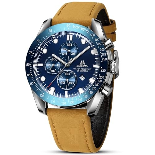 Mens Watches Leather Watch Analog Quartz Watch for Men Luminous Brown Blue