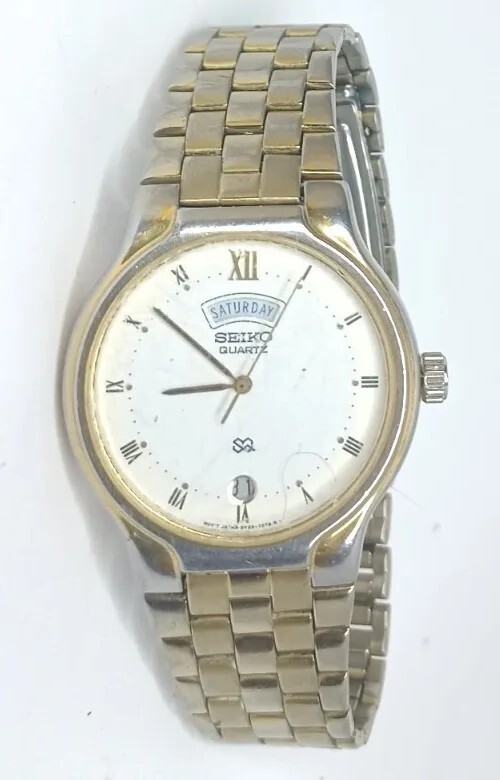 Vtg Men Seiko Sq Watch 5y23-7159 Baton Indexes Steel Bracelet Gold Tone Calenda