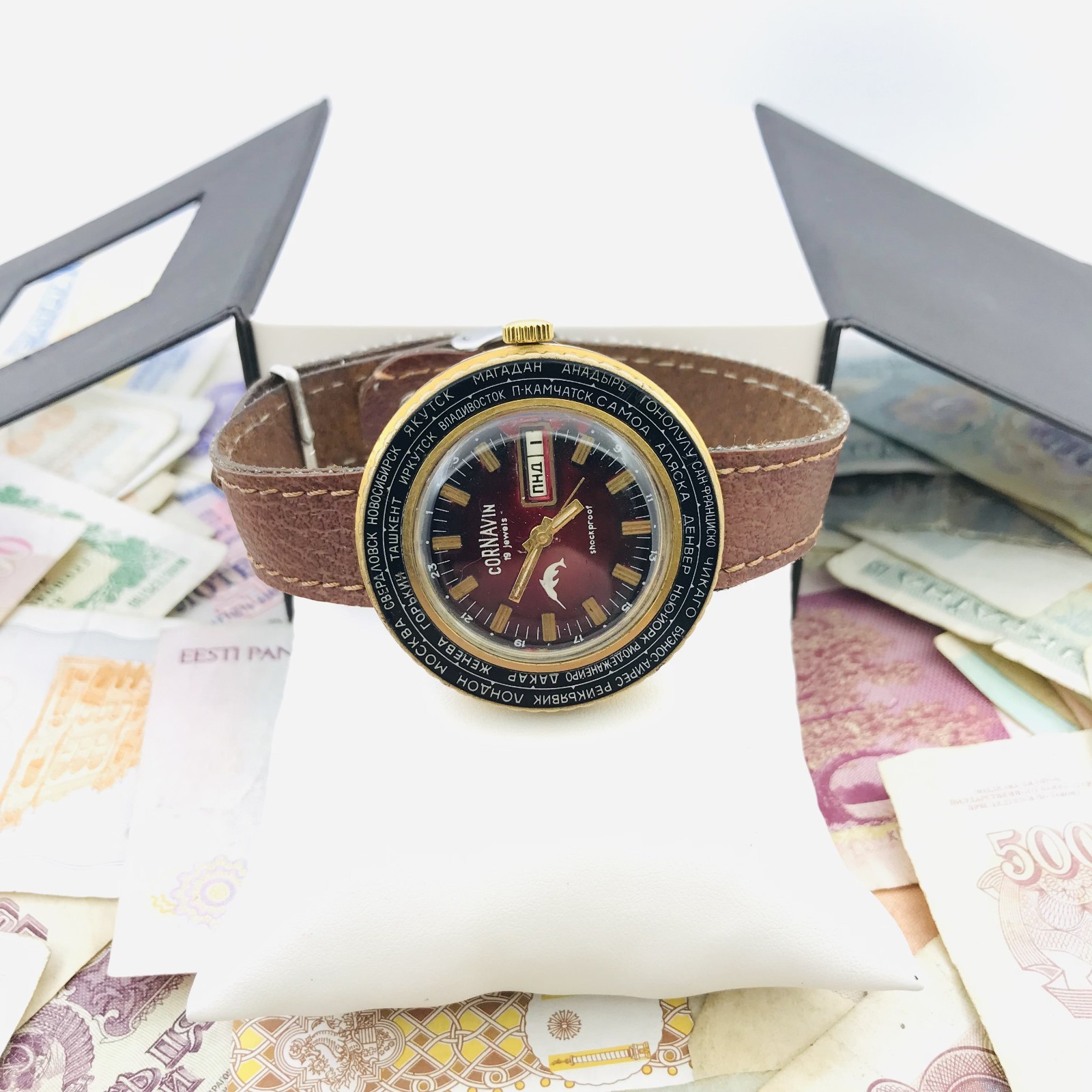 Vintage Cornavin World Time Watch Rare Ruby-Dial Soviet Raketa Soviet USSR 🛠