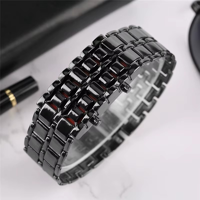 LED Digital Watch, Black & Blue Stainless Steel Lava Style, Samurai Bracelet
