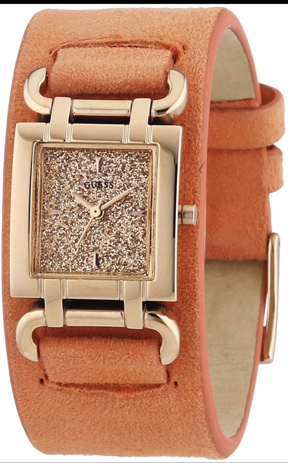 Guess Ladies Rose Gold Tone Glitz Dial Watch with Orange Suede Leather Strap U01