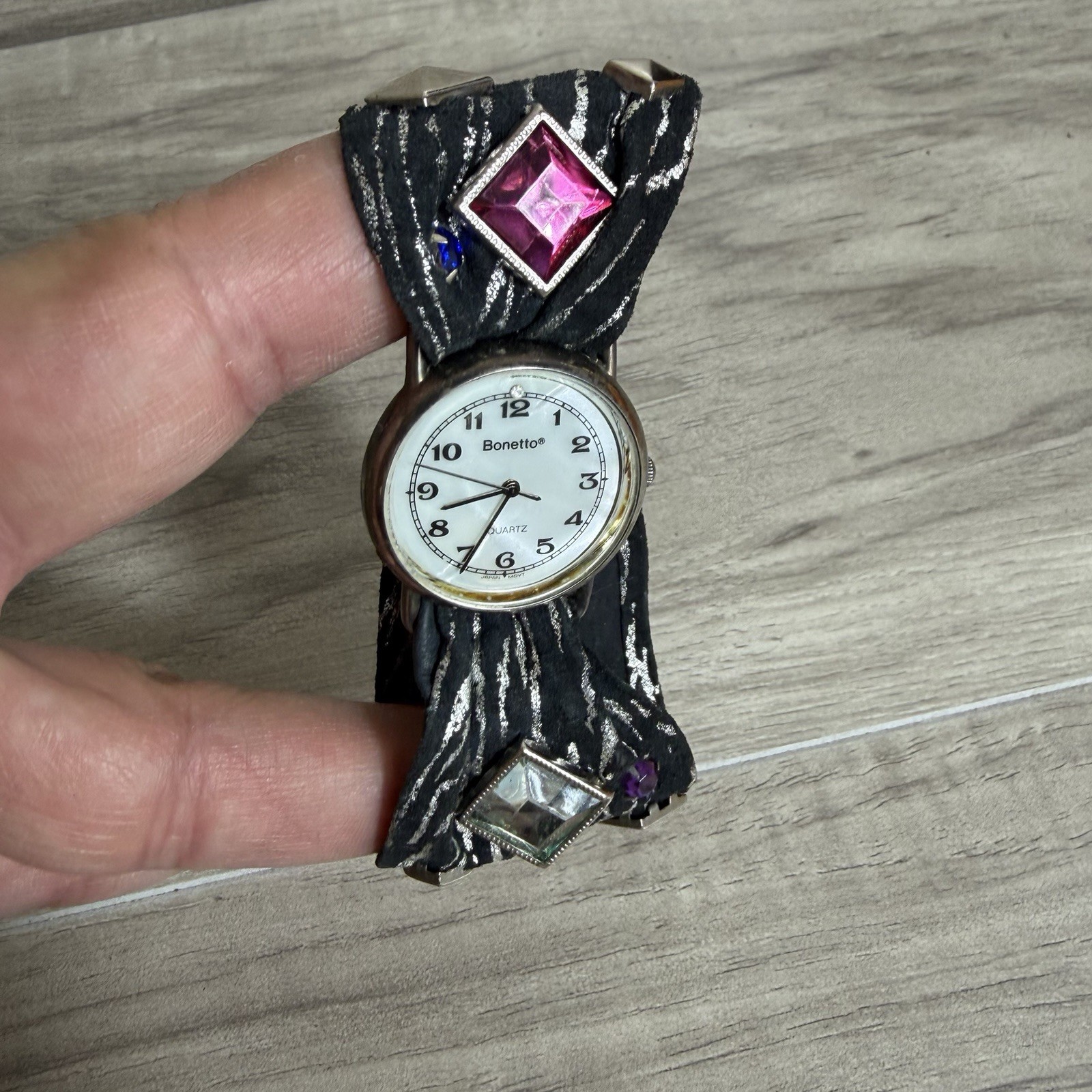 Vintage Bonetto Watch Women’s Rhinestones Fabric Strap Adjustable Snap Jewel