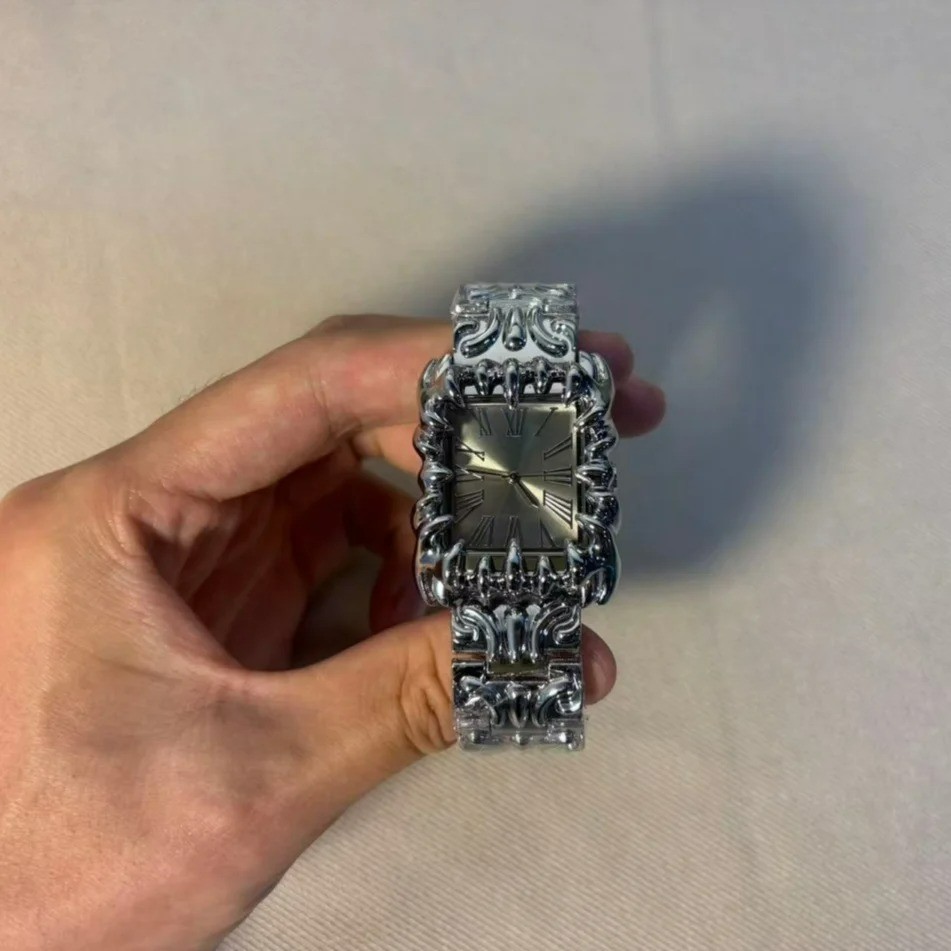 Silver Chrome Alabaster Punk Style Watch With Detailed Incisions, in Steel