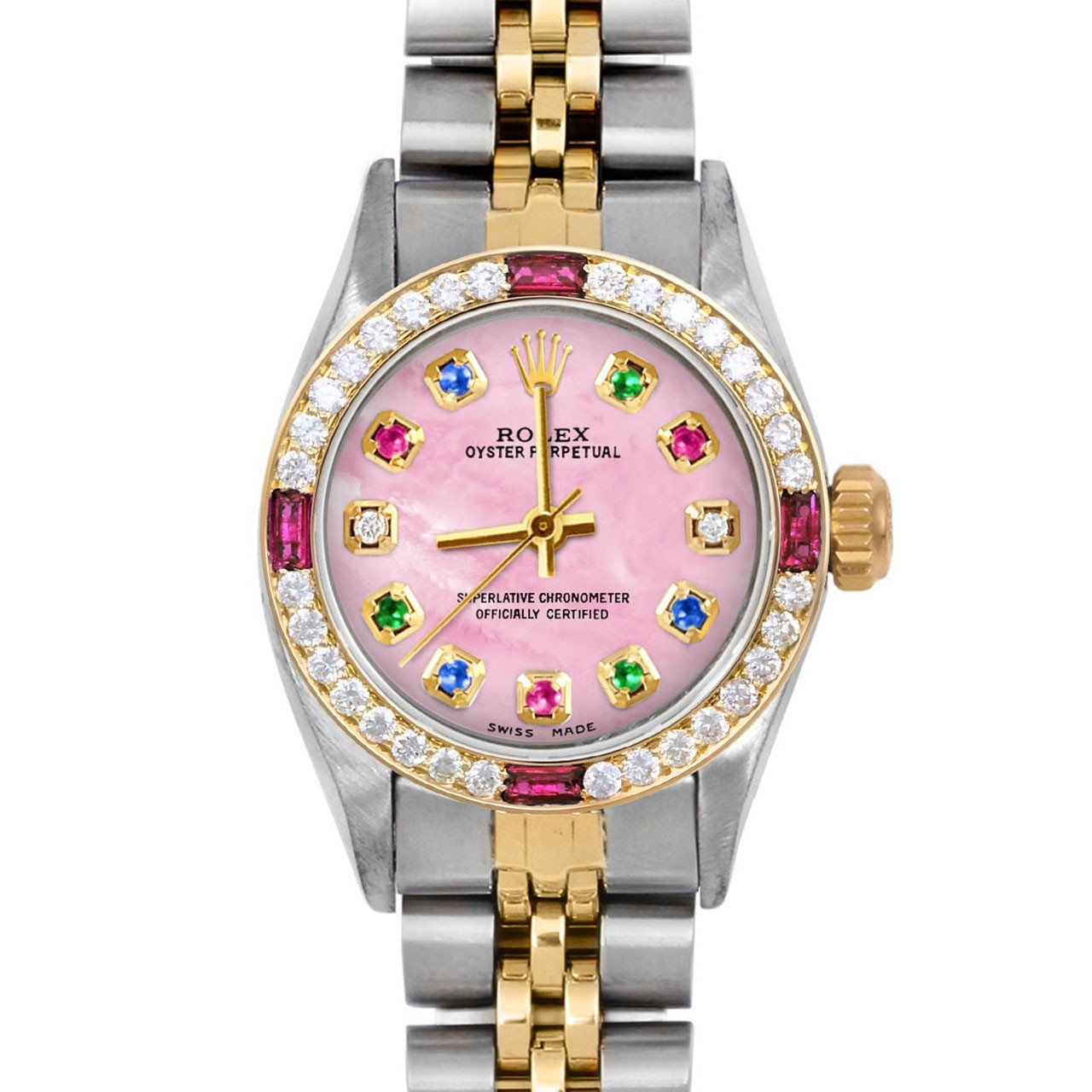 Rolex Ladies TT Oyster Perpetual Pink MOP Rainbow Dial Ruby Diamond Bezel