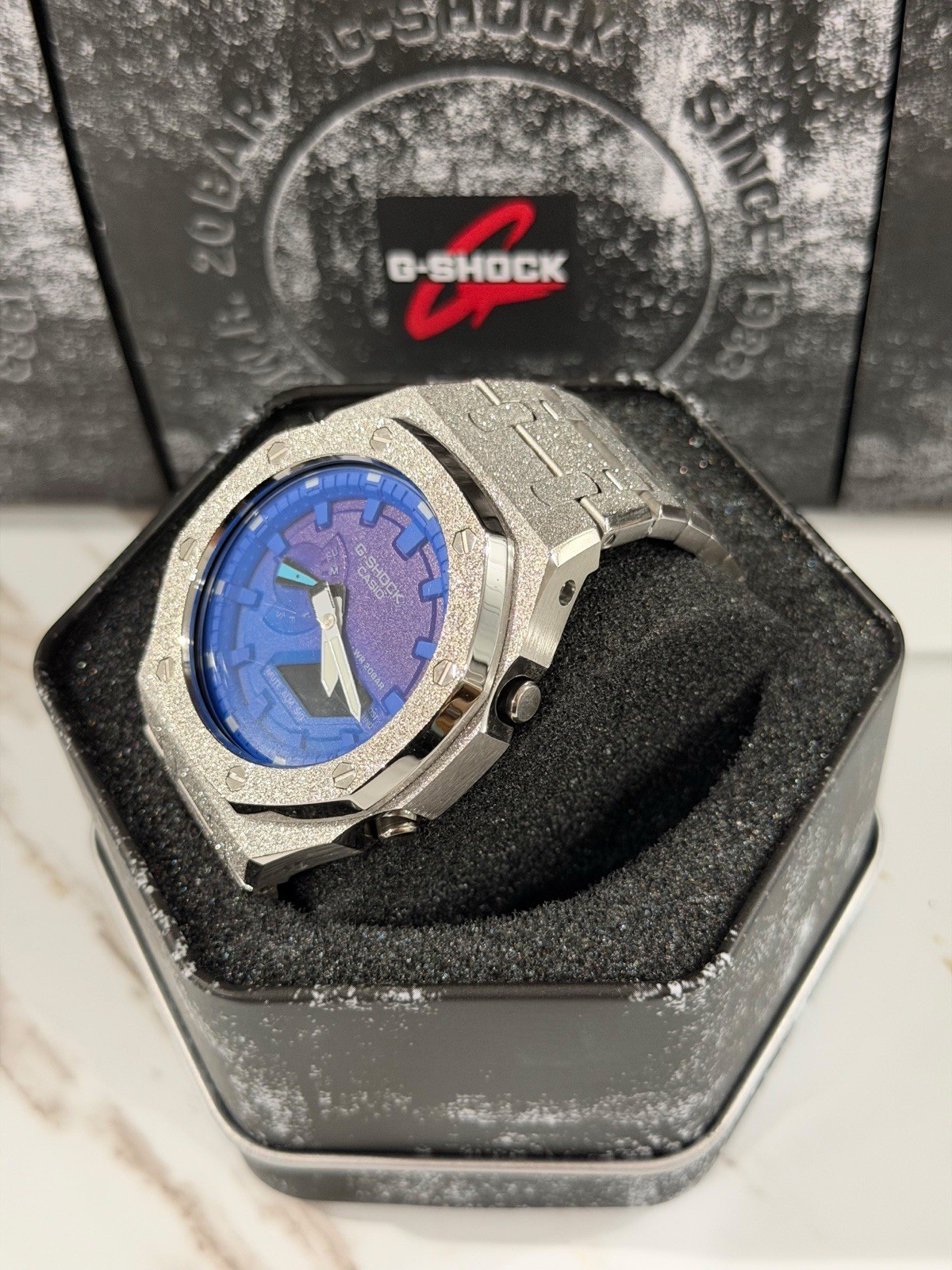 Casio GA-2100 G-Shock Watch – Sandblasted Silver Frosted – Blue Dial