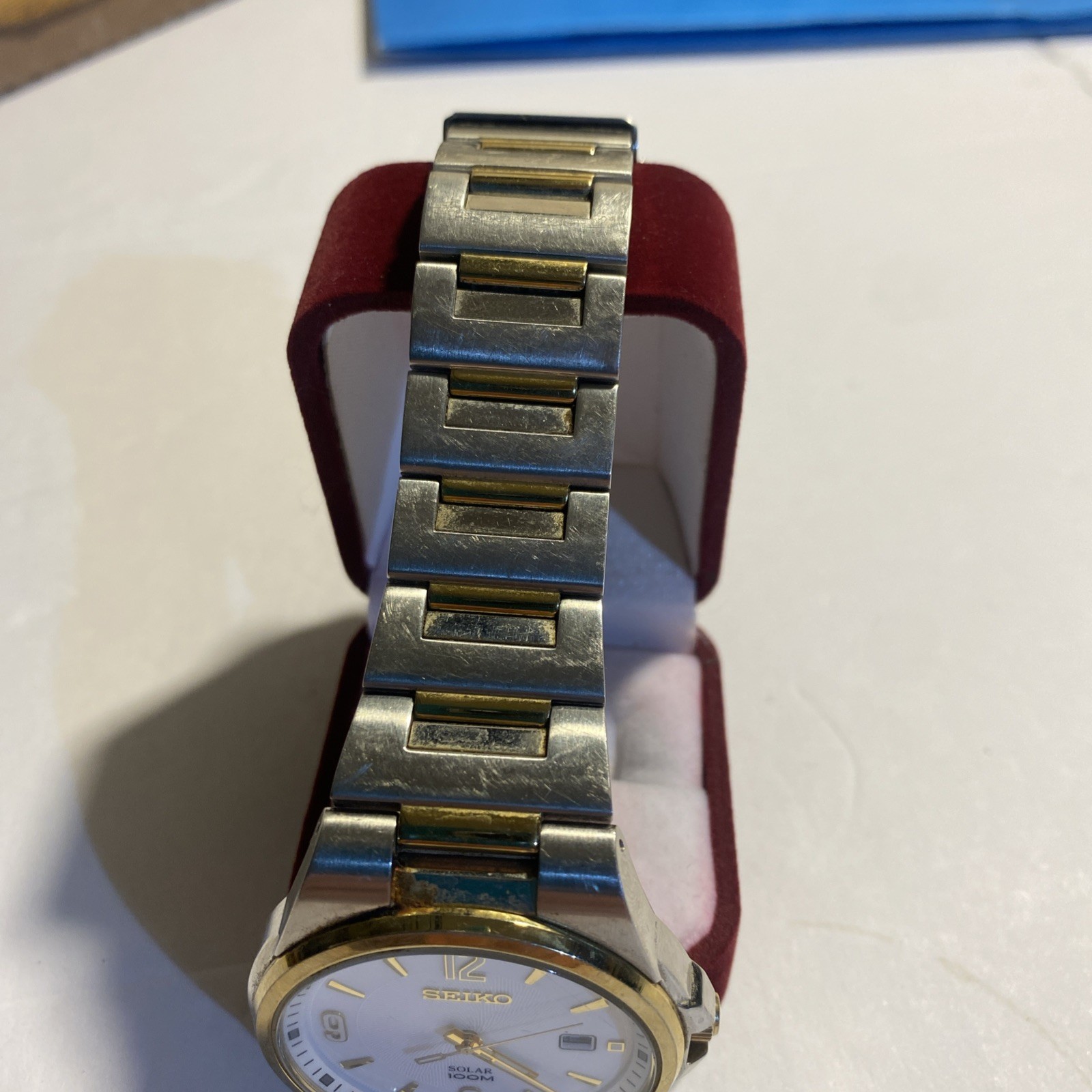 Seiko Solar Watch 2 Tone Bracelet Band Case Dial Date Diver 10Bar Mens WORKS