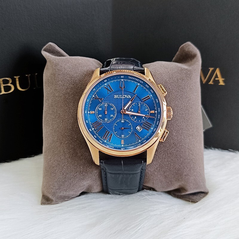 Men’s Bulova Wilton Blue Classic Chronograph 97B170 Quartz Leather Watch 46.5mm