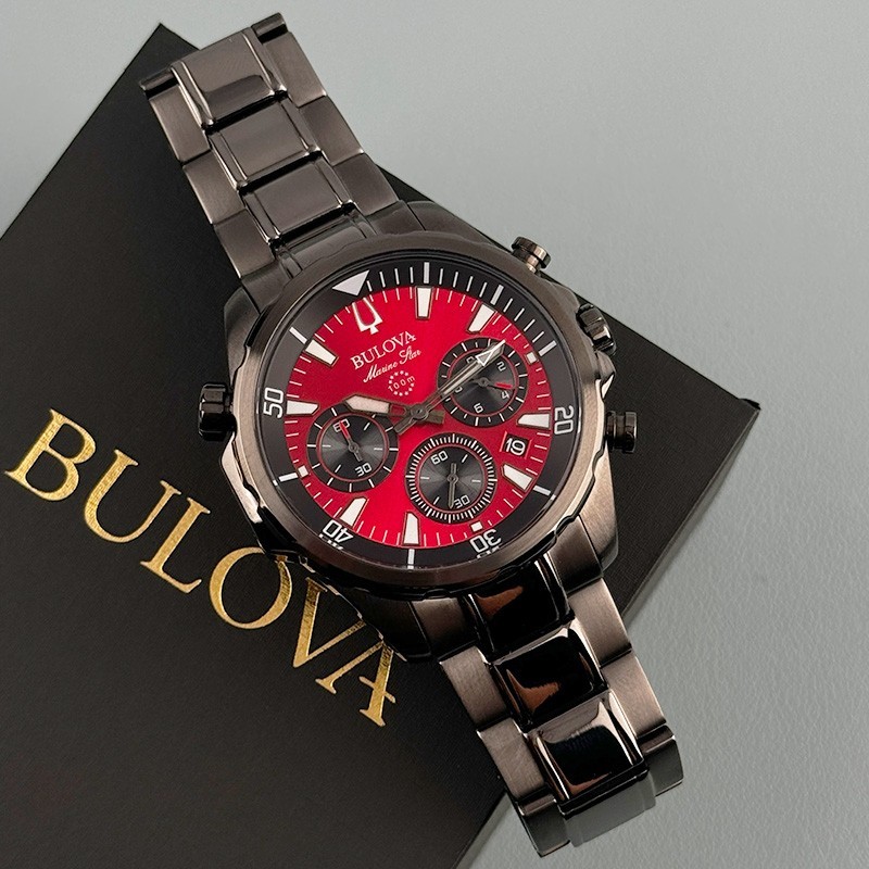 Bulova Marine Star 98B350 Chronograph Men’s Quartz Watch Red Dial 43mm