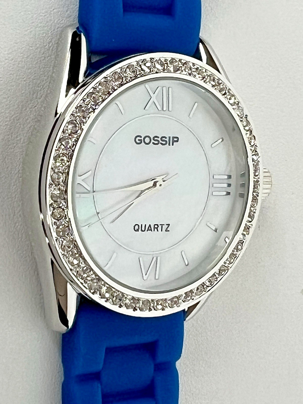 GOSSIP Blue Silicone Band Silver Tone Mother of Pearl Face w/ Crystals Quartz