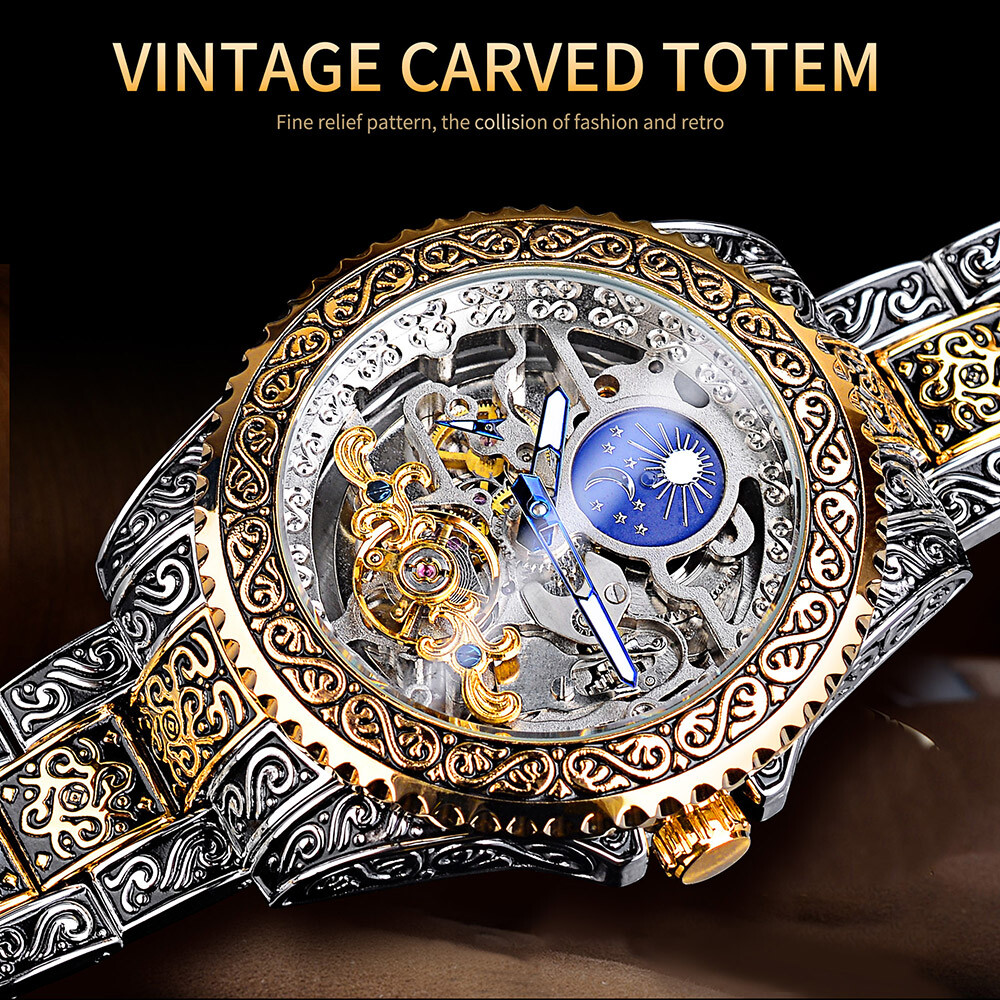 FORSINING Men Retro Luxury Carved Skeleton Tourbillon Automatic Mechanical Watch
