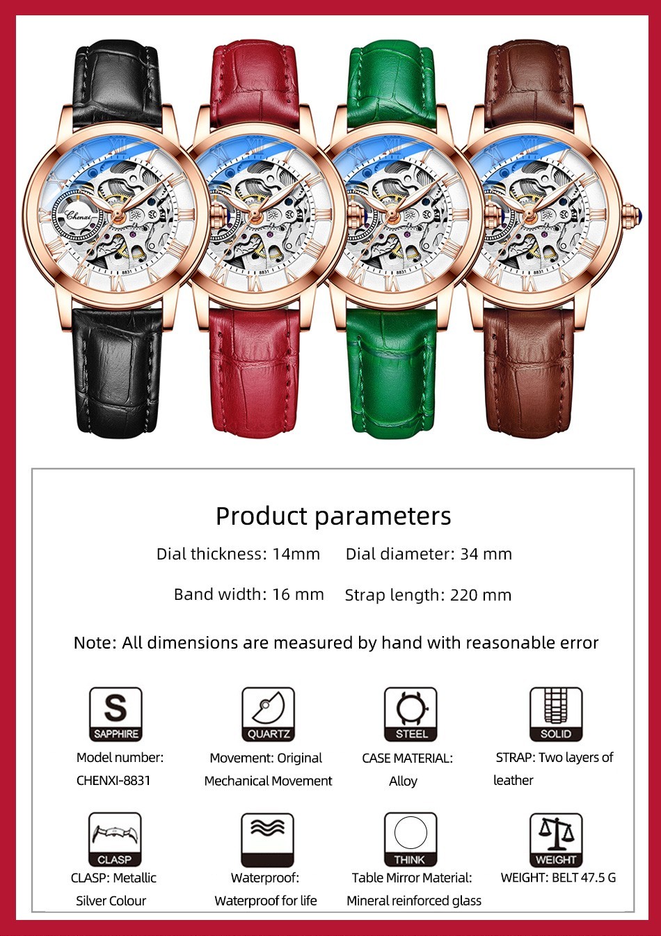 CHENXI Women’s Gril Female Hollow Out Roman Numerals Automatic Mechanical Watch
