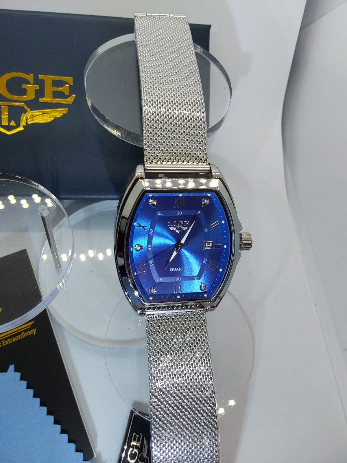 Luxury Tonneau Blue Dial Date Quartz On Stainless Steel Mesh Bracelet New