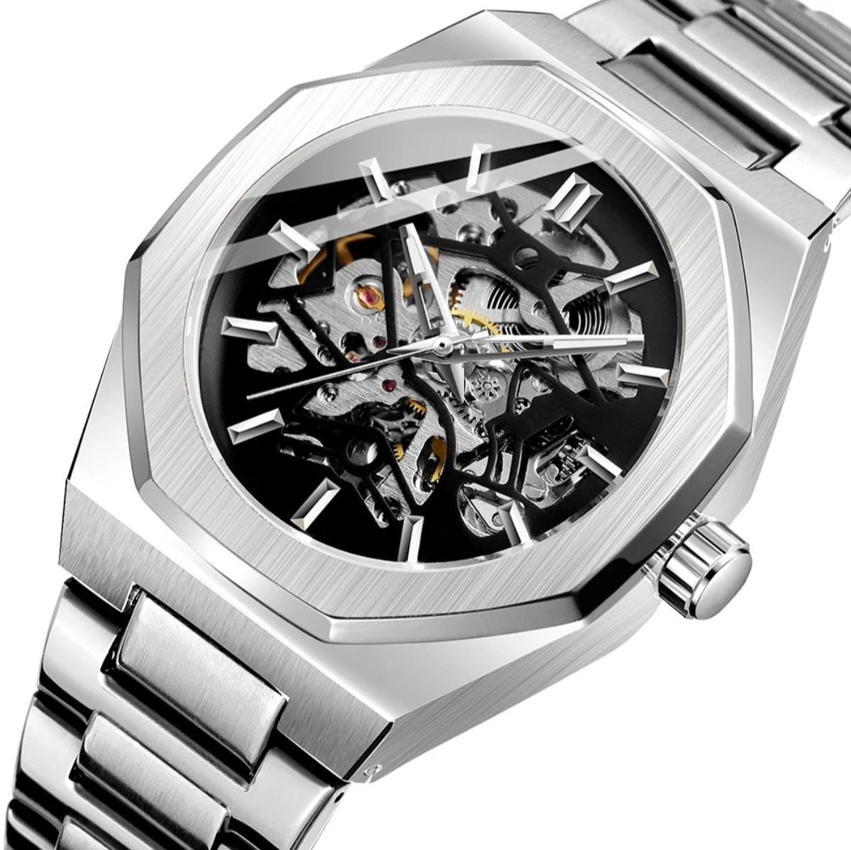 Men Skeleton Automatic Mechanical Watch Octagonal Case Stainless Steel Bracelet