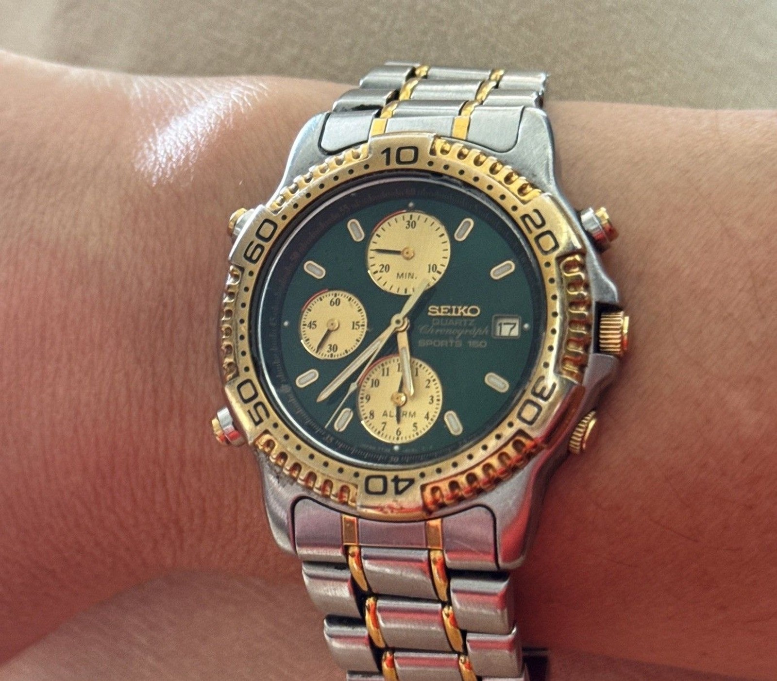 Rare 1989 Seiko Chronograph Sports 150 Watch Green Dial Two Tone Date
