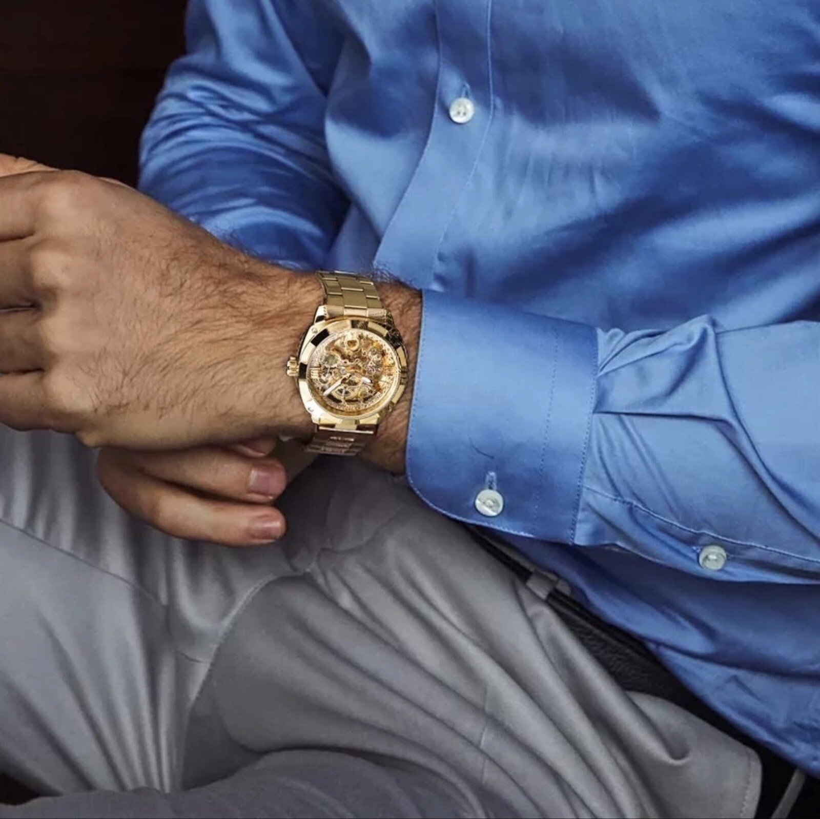 Forsining Mens Skeleton Mechanical Waterproof Luxury Watch Gold Gift Idea