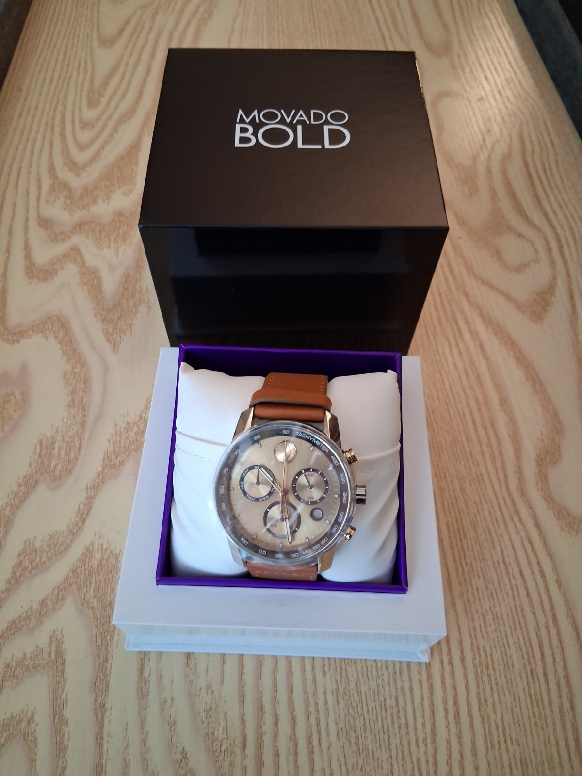 Movado Bold Quartz Chronograph Date Beige Dial Brown Leather Strap w/ Box