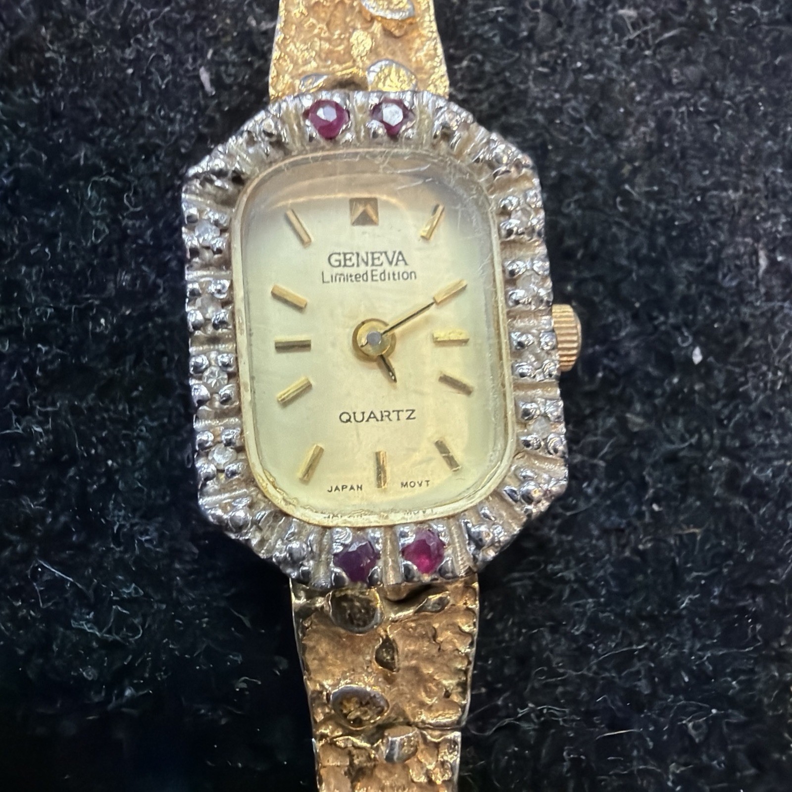 VTG Geneva Quartz Watch Women Ruby Diamonds Gold Tone Nugget New Battery 6.75″