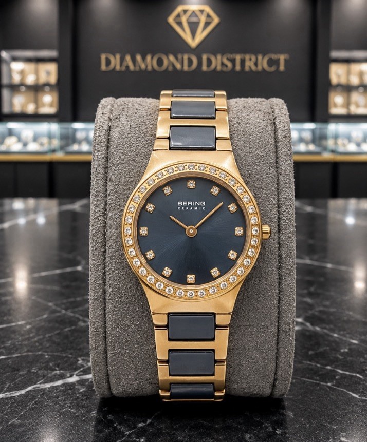 BERING Ceramic Women’s Black Dial Diamond Markers Gold/Black