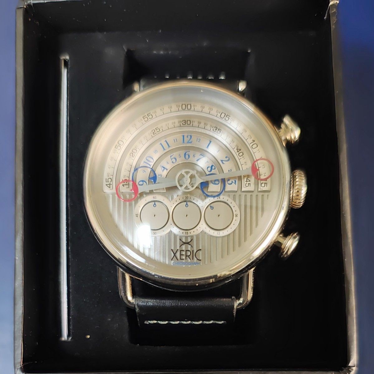 Xeric Halograph Chronograph Silver Wristwatch Watch Leather Men’s w/ Box r#