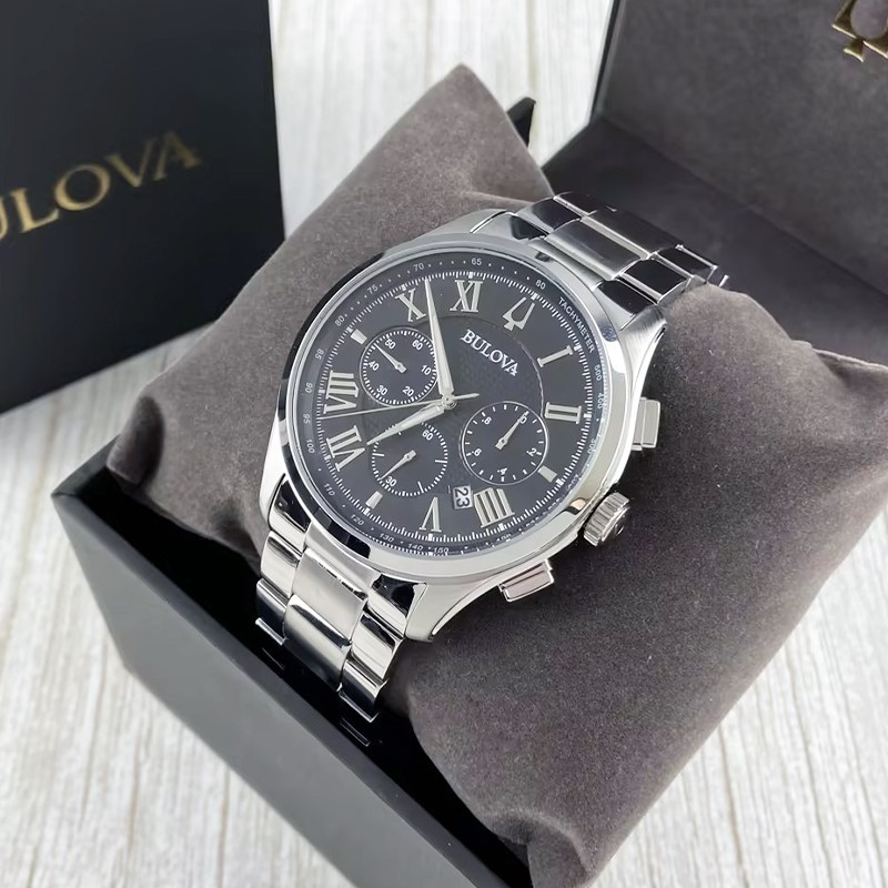 Bulova Wilton 96B288 Black Dial Men’s Chronograph Quartz New Watch 46mm Steel