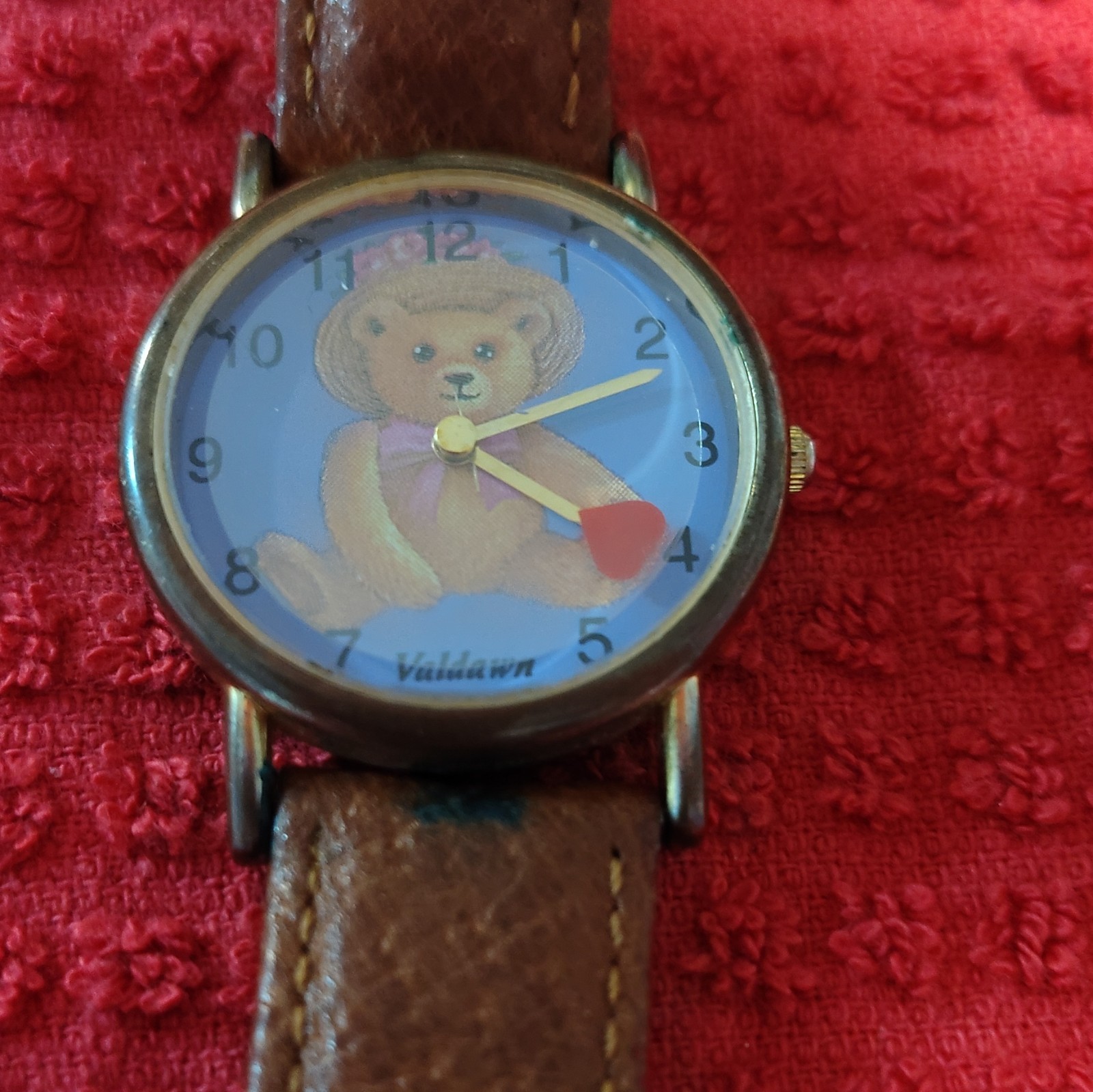 Valdawn Kids Quartz Analog Teddy Bear Dial Blue Brown Leather Gold 24-27.9mm
