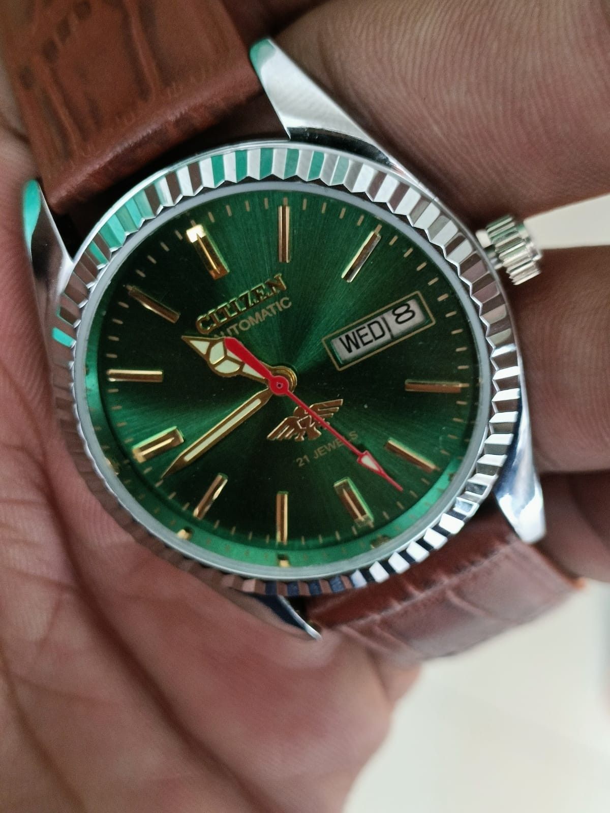 Citizen Automatic Green Dial Day/Date 21 Jewels Stainless Steel Mens Wrist Watch