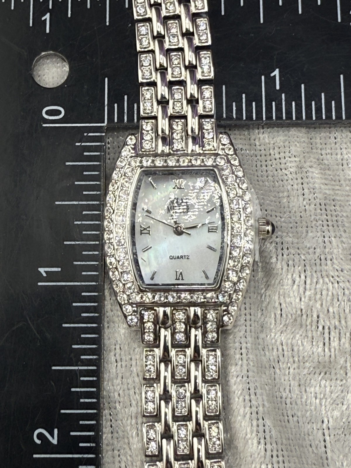 Nolan Miller Watch Woman Pave Analog Silver Tone Snap Signed NEEDS BATTERY