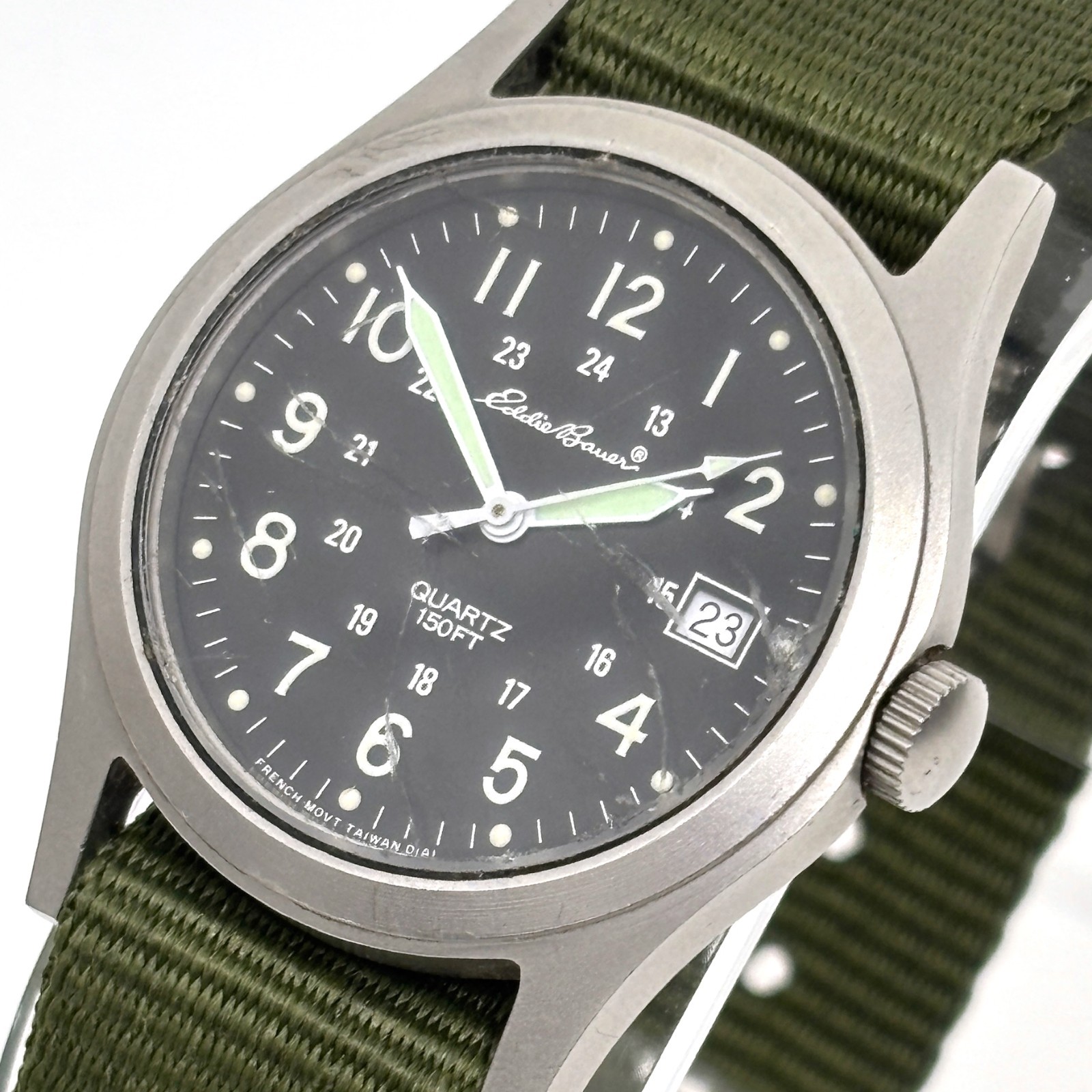 Vintage 90s Eddie Bauer French Quartz Military Field Watch 34mm Date New Battery