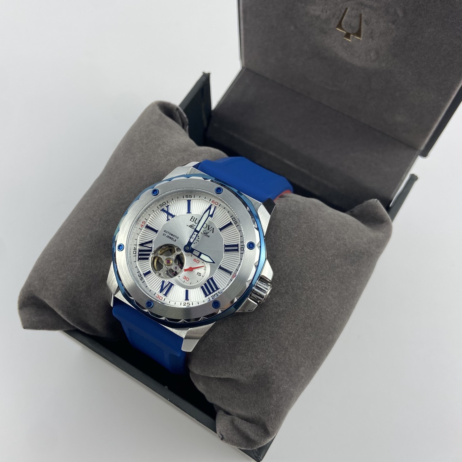 Bulova 98A225 Marine Star Automatic White Dial Blue Rubber Strap Men’s 45mm