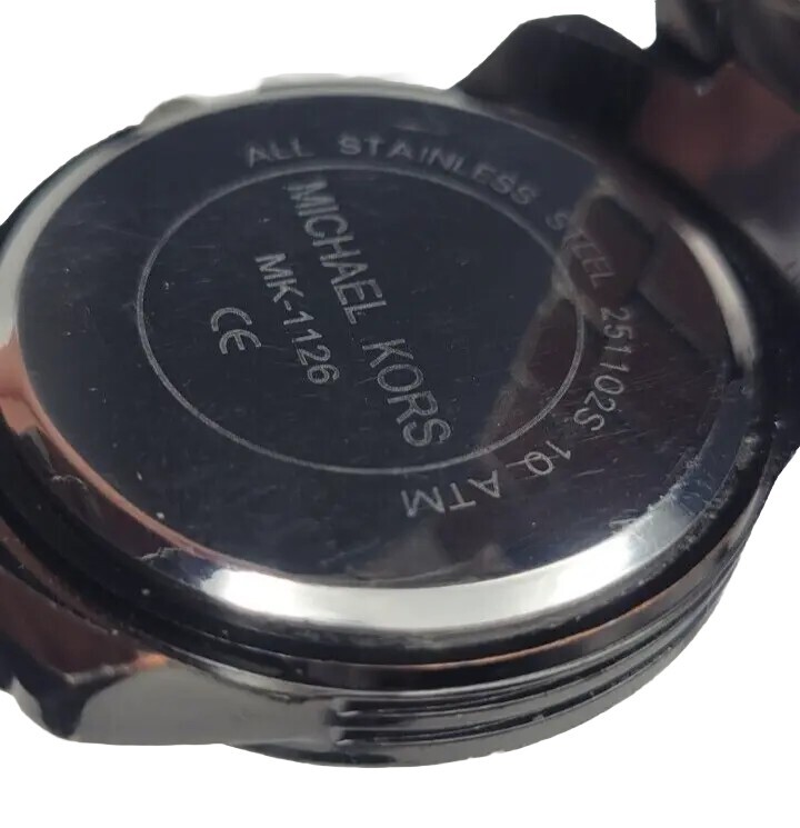 Michael Kors MK-1126 Hematite-Black Logo-Faced Stn.Steel 100m(10ATM) VTG Pre-own