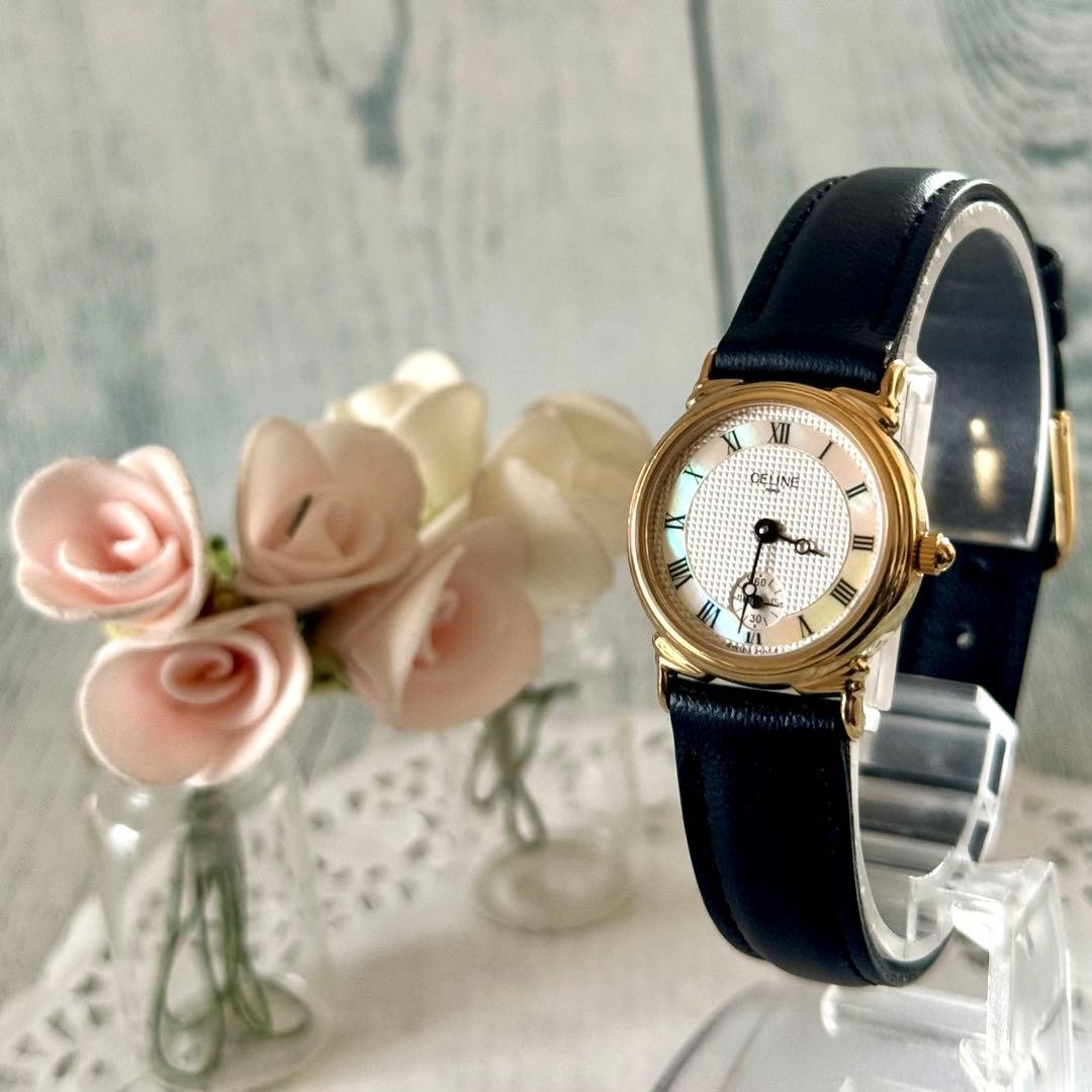 CELINE Shell Dial Small Seconds Watch 22mm Gold New Strap Working