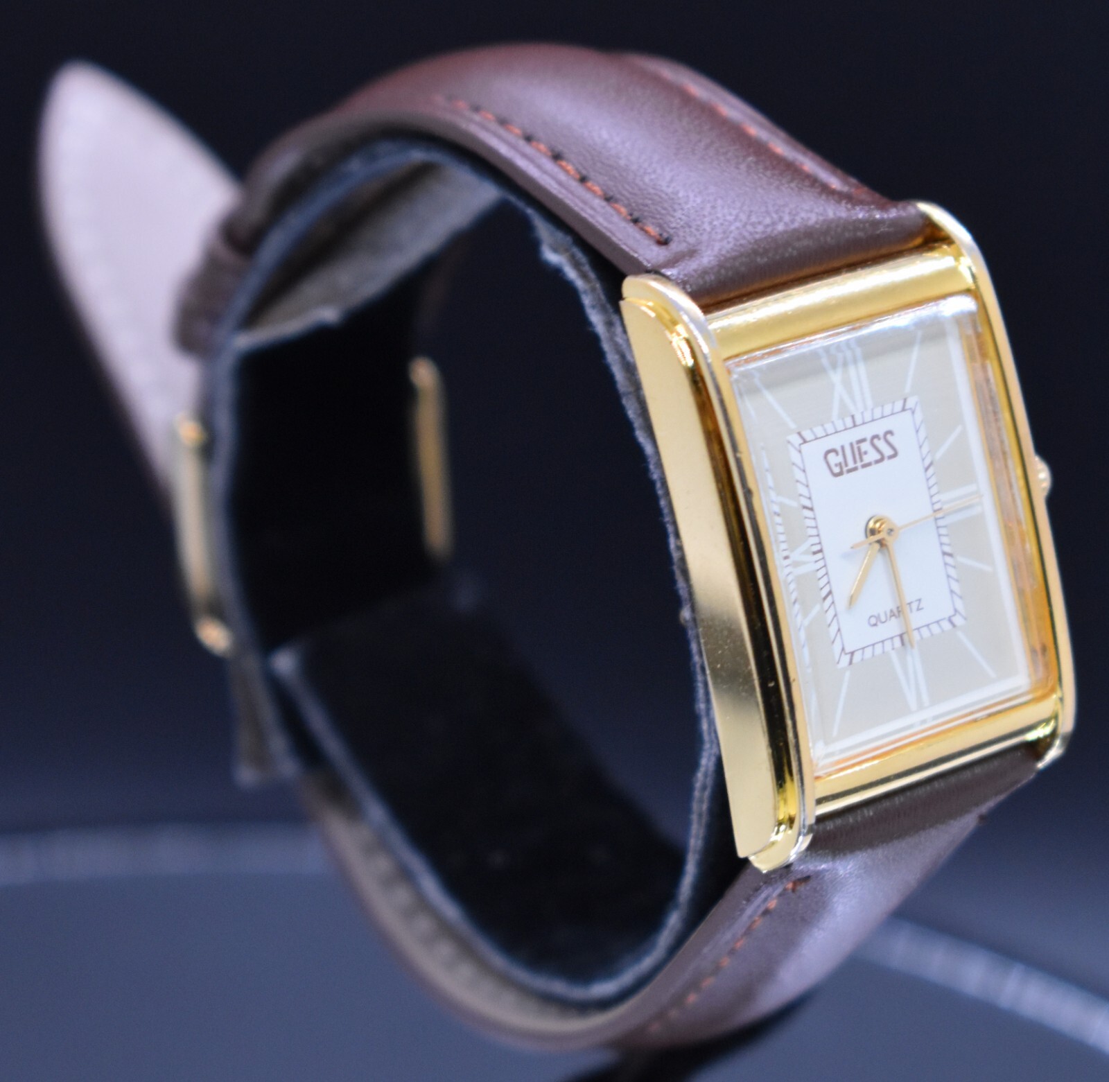 Vtg GUESS 1987 Tank Roman Numeral Watch Men Leather 80’s NEW BATTERY & BAND