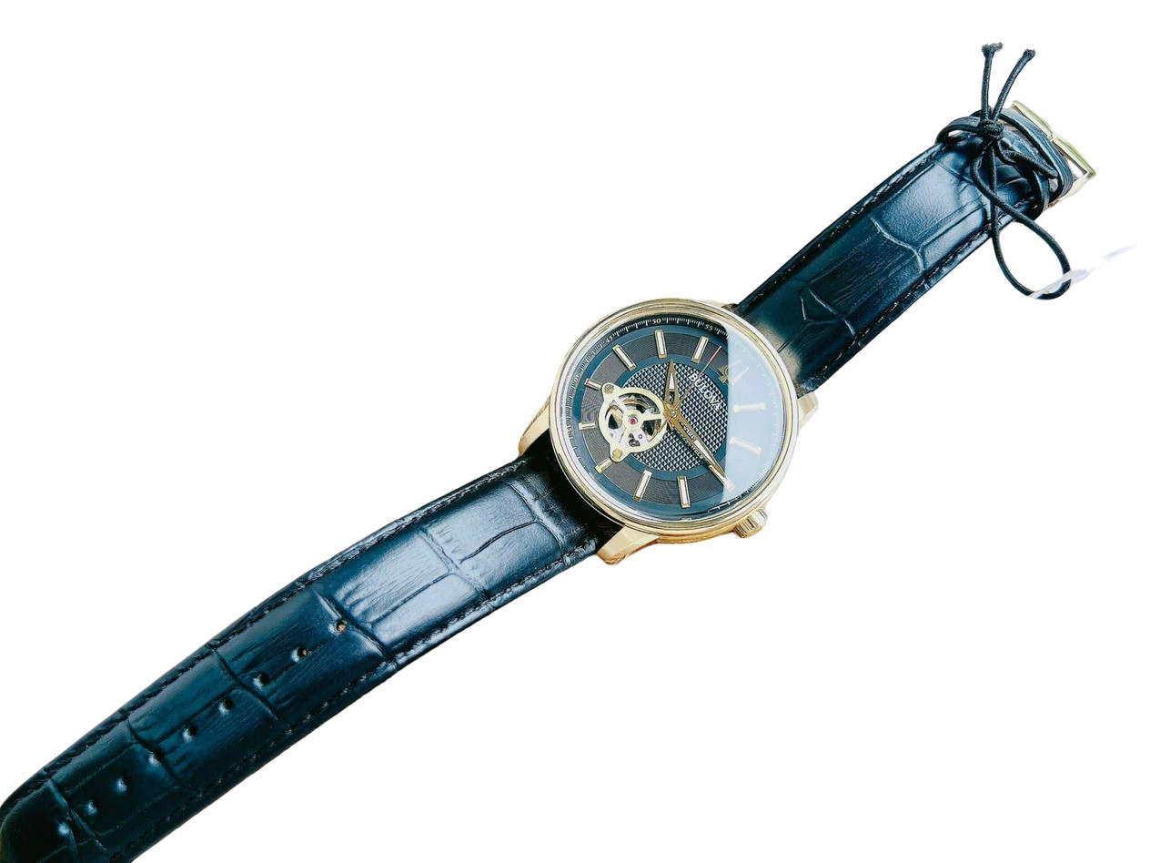 Bulova Automatic Gold Tone Black Dial Leather Band Men’s Watch 97A166