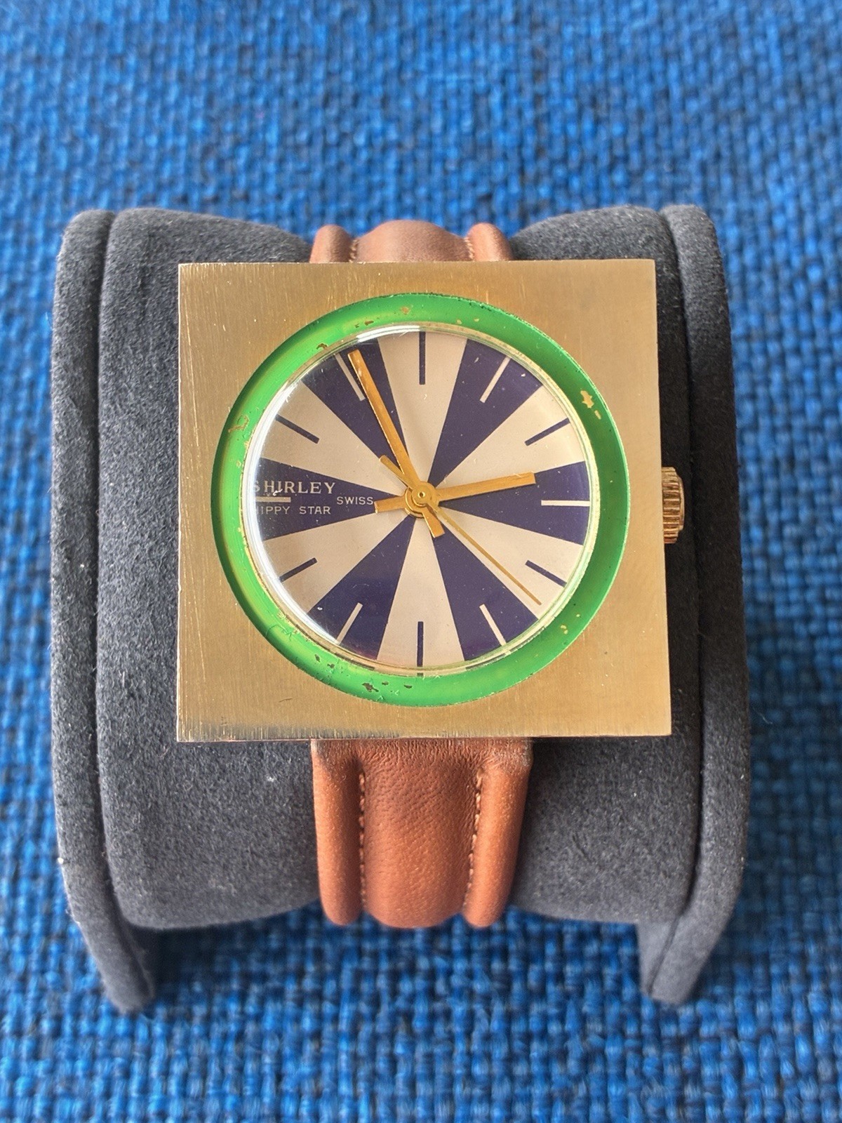⁠Vintage 1970 Shirley Hippy Star Swiss Wind Mod Pop Art Square Watch Green Bezel