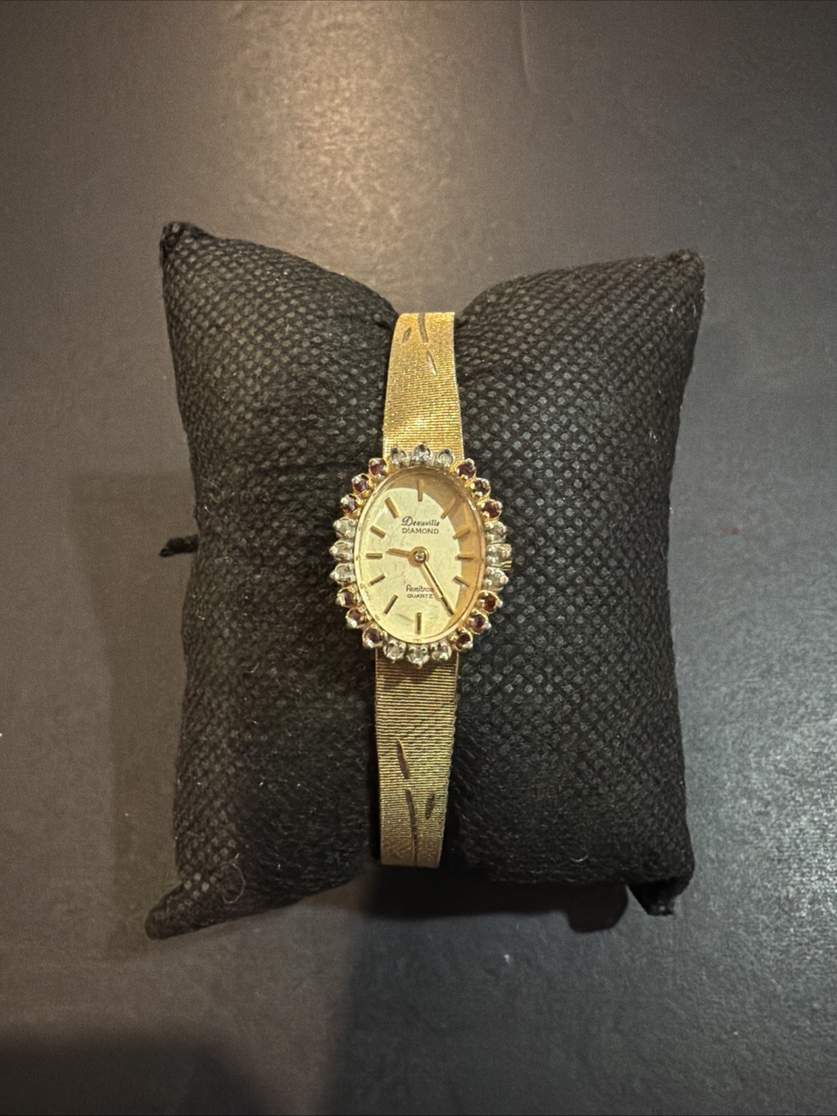 Vintage Deauville Armitron Quartz Diamonds & Ruby Bezel Watch